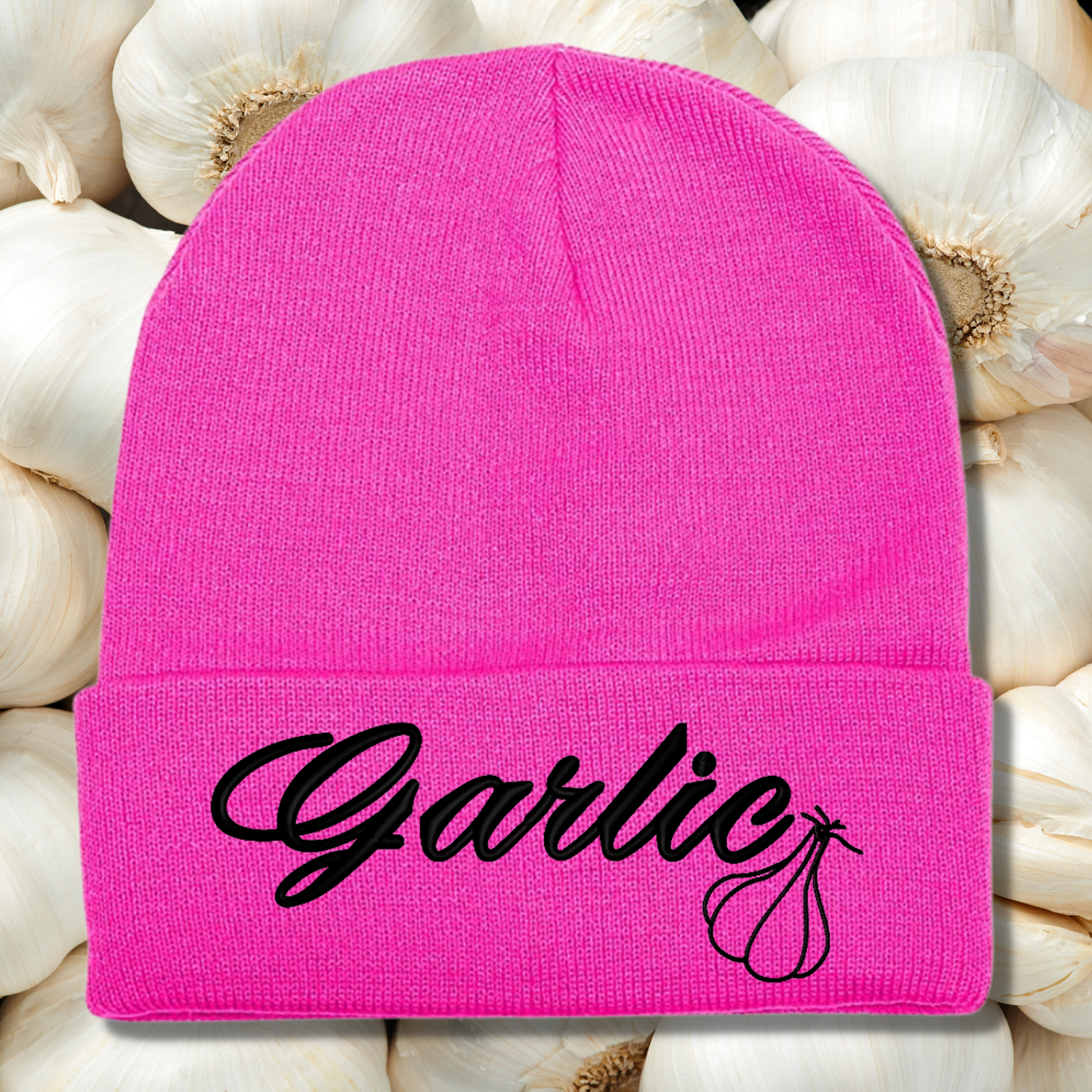 Garlic Embroidered Beanie Hat, One Size Fits All